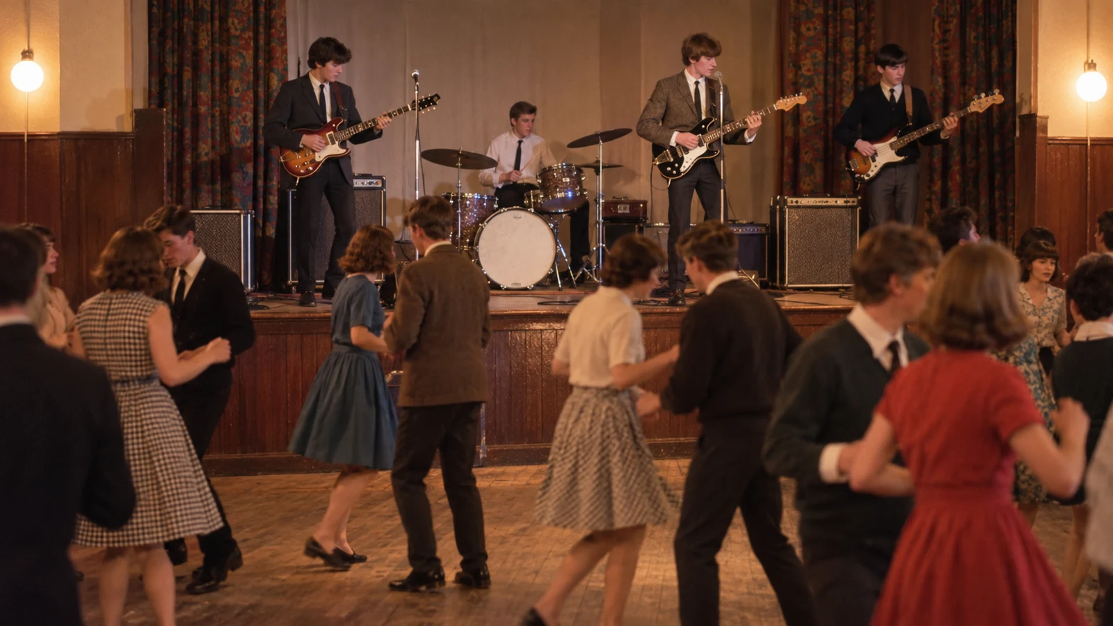 Artist’s impression of a young beat group playing in a Borders village hall in the 1960s