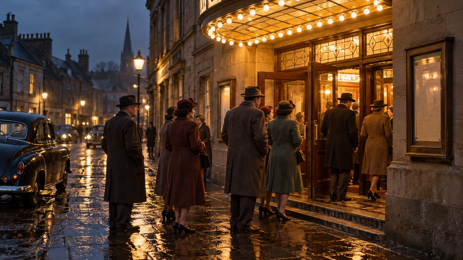 Artist’s impression of a small Scottish Borders cinema queue in the 1950s