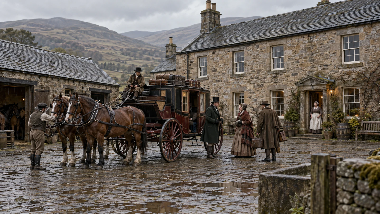 Artist’s impression of travellers arriving at a Scottish Borders coaching inn in the early nineteenth century