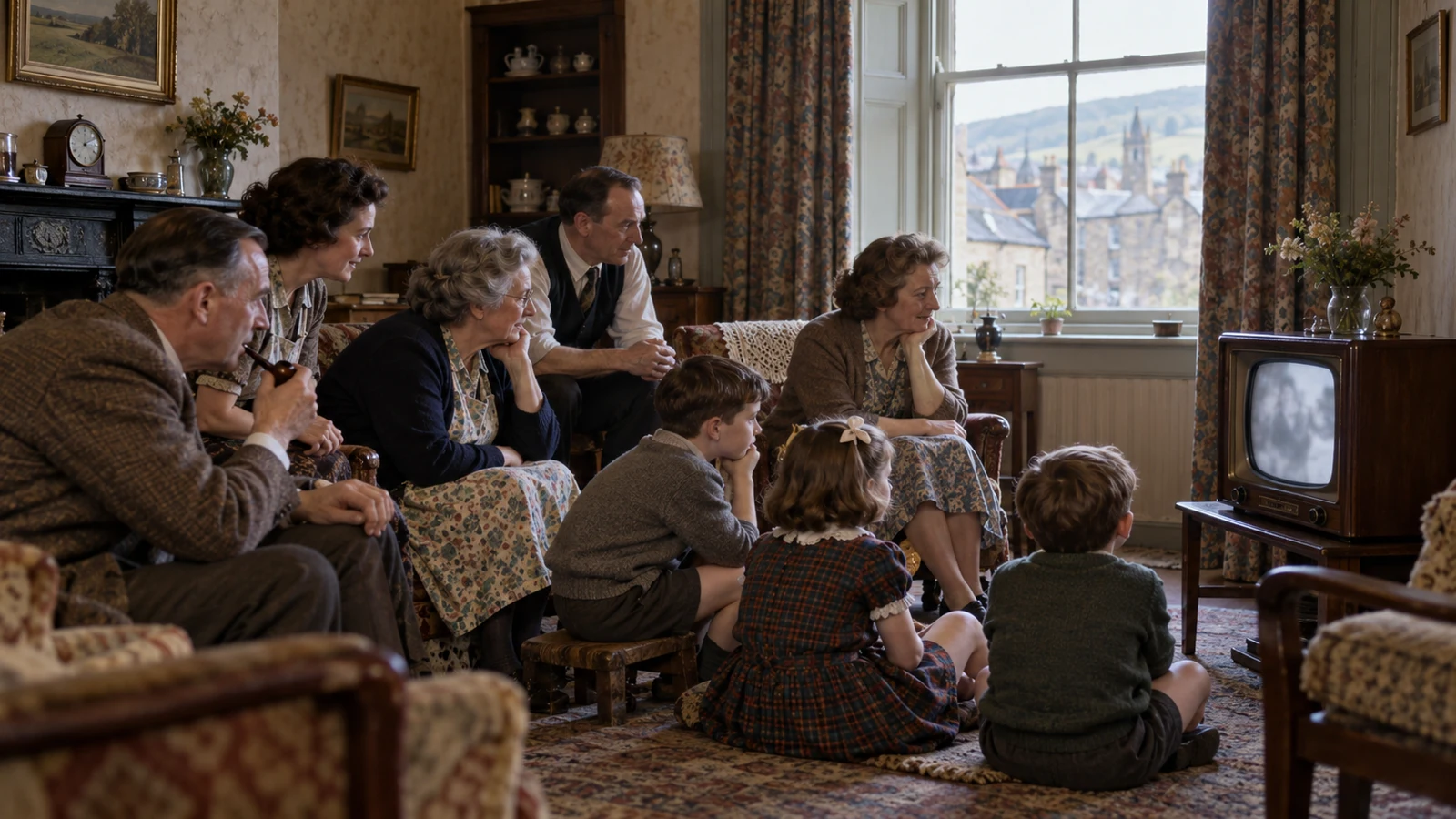 Artist’s impression of neighbours gathered around an early television in a Scottish Borders home in the 1950s