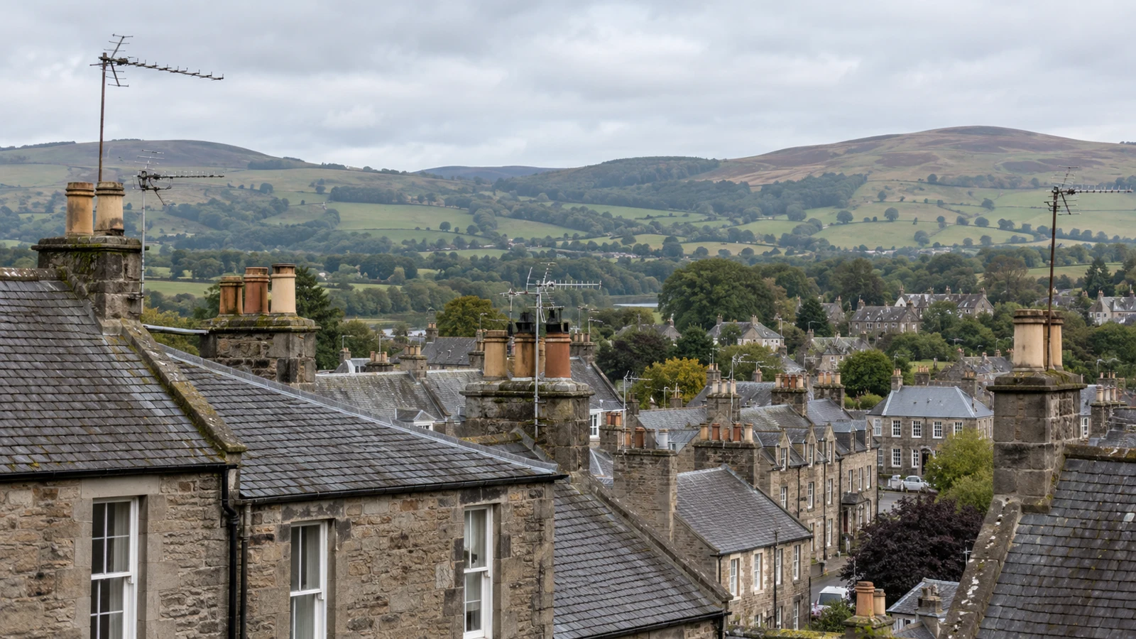 Artist’s impression of a contemporary Scottish Borders town roofline with television aerials
