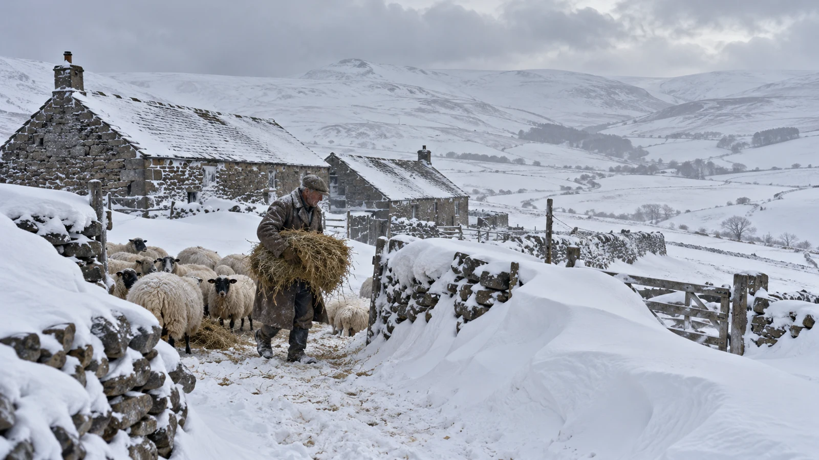 Artist’s impression of a shepherd feeding sheep on a snowbound Borders farm in 1947