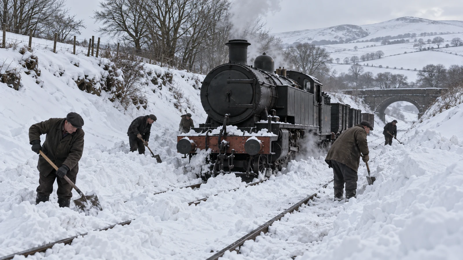 Artist’s impression of railway workers clearing snow beside a steam locomotive in 1963