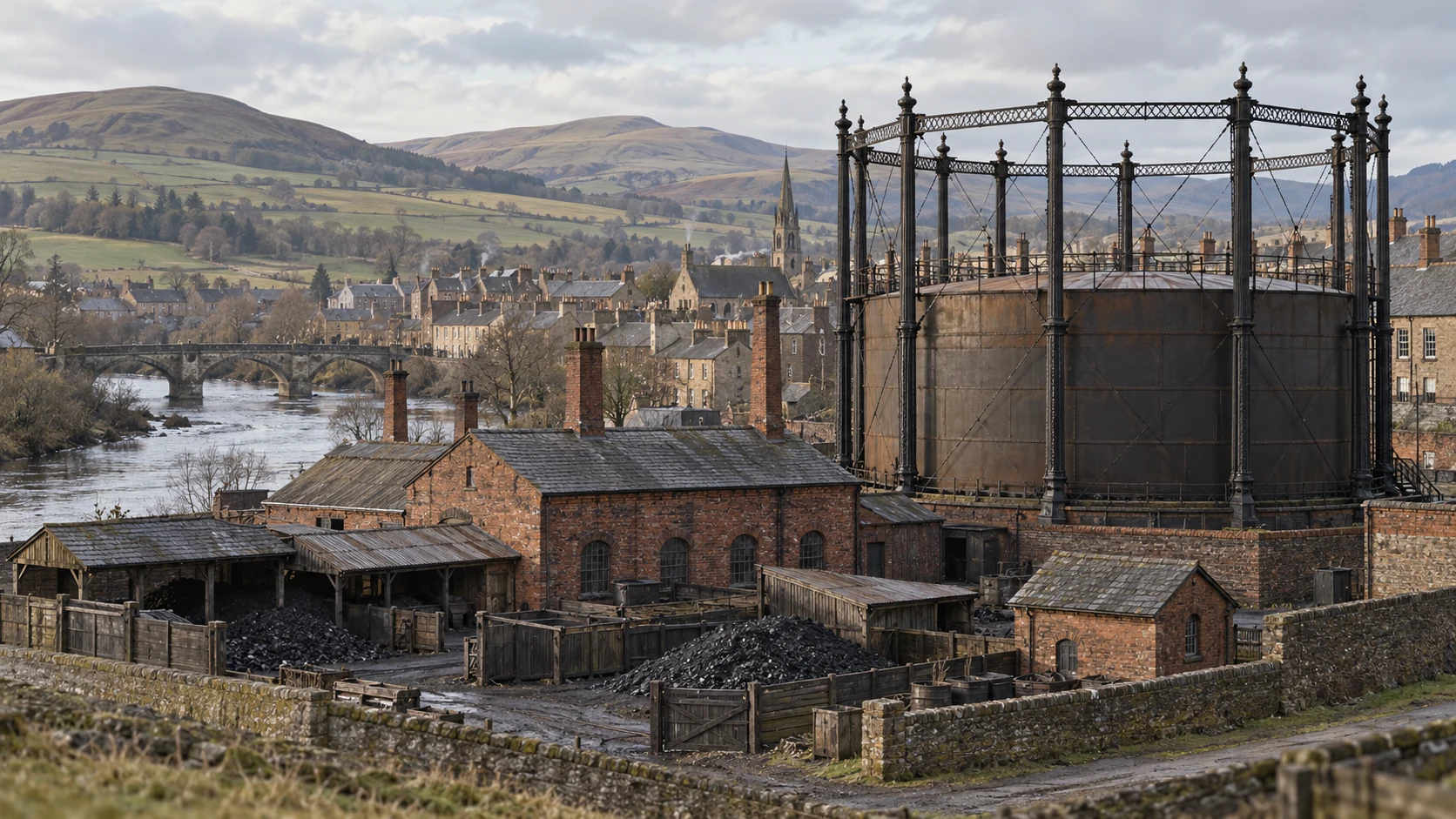 Artist’s impression of a late nineteenth-century small-town coal-gas works, with a retort house and gasholder.