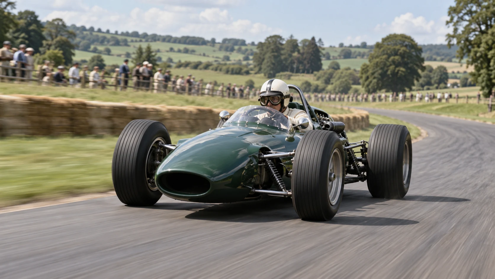 Artist’s impression of an early 1960s green Formula One racing car on a circuit with an unidentified helmeted driver.
