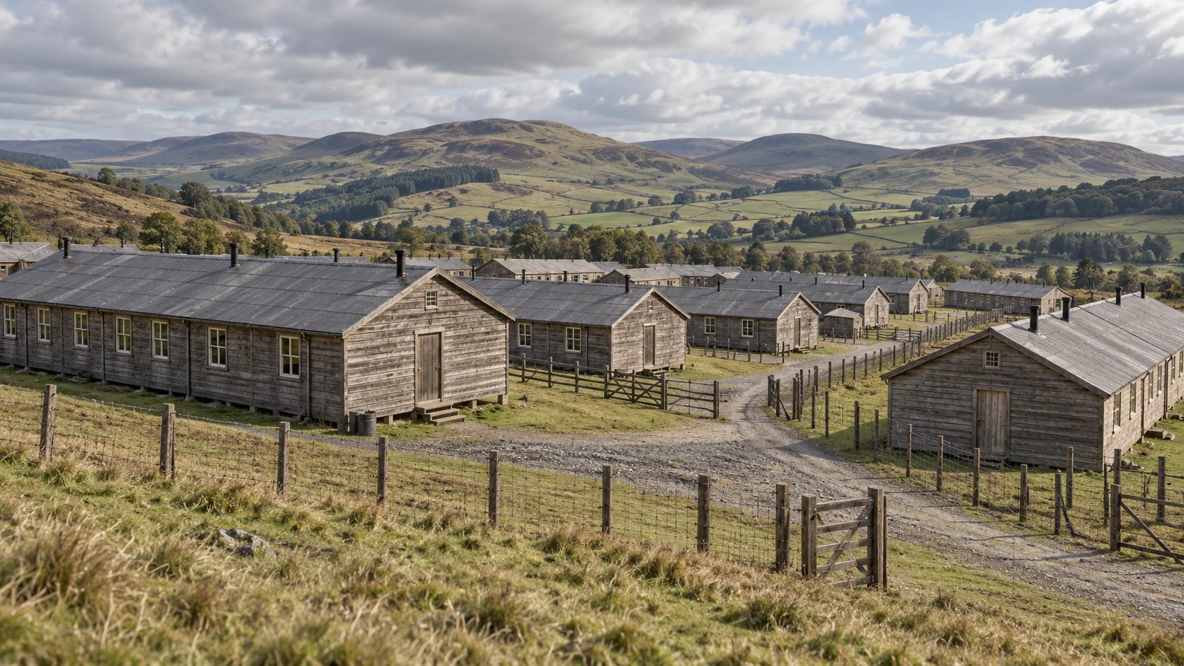 Illustration of First World War accommodation huts and fencing in a Borders hill landscape