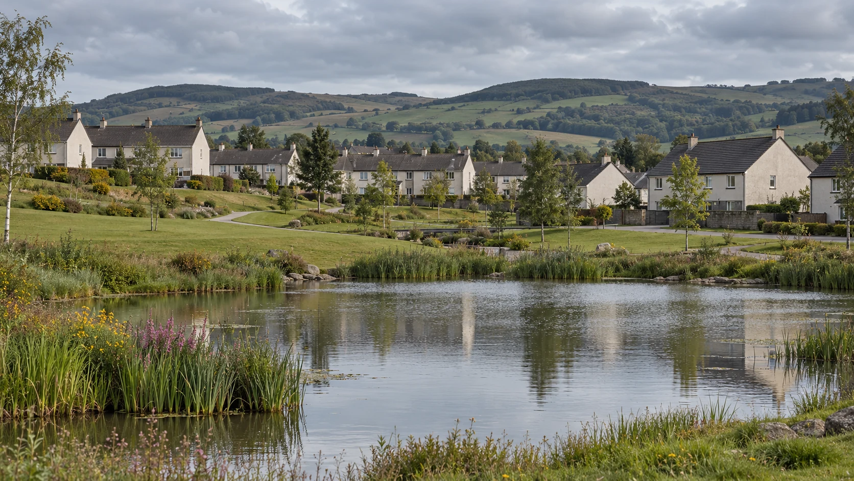 Artist’s impression of a planned Scottish Borders village with homes, greenspace and a pond in the 1970s