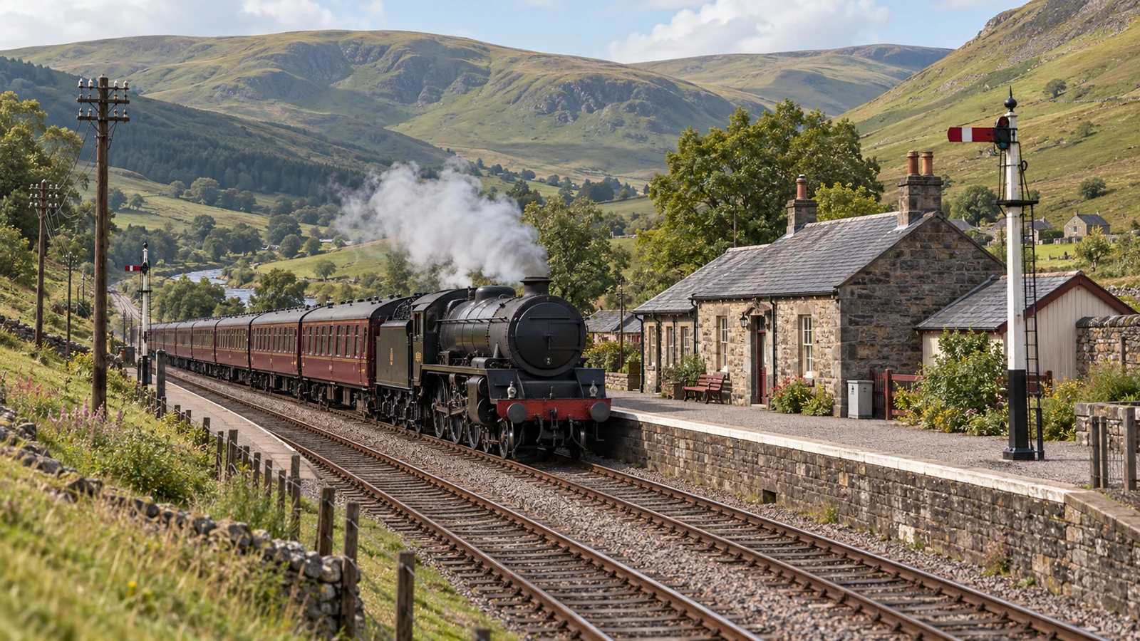 Artist’s impression of a steam train at a Borders station, illustrating the railway travel that helped visitors reach Peebles.